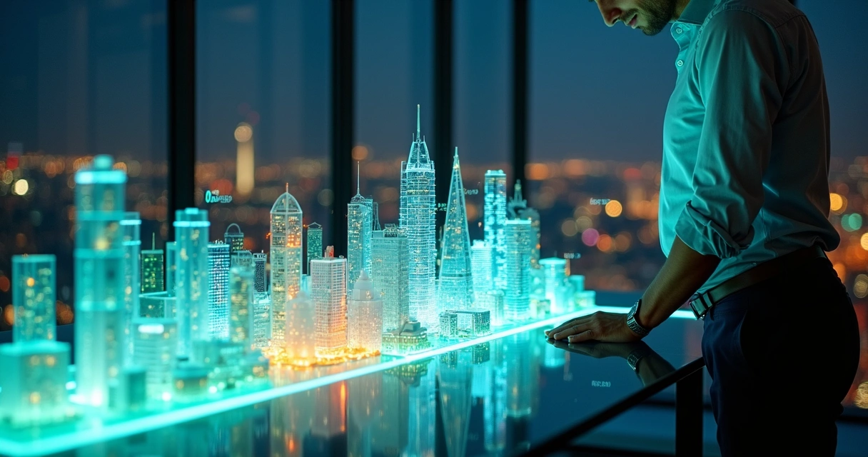 Executivo observando maquete de cidade B2B crescendo em colunas de dados 