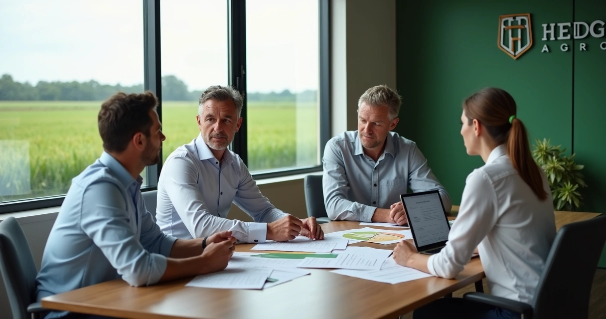 Consultores agrícolas da Hedge Agro em reunião sobre risco de mercado e opções 