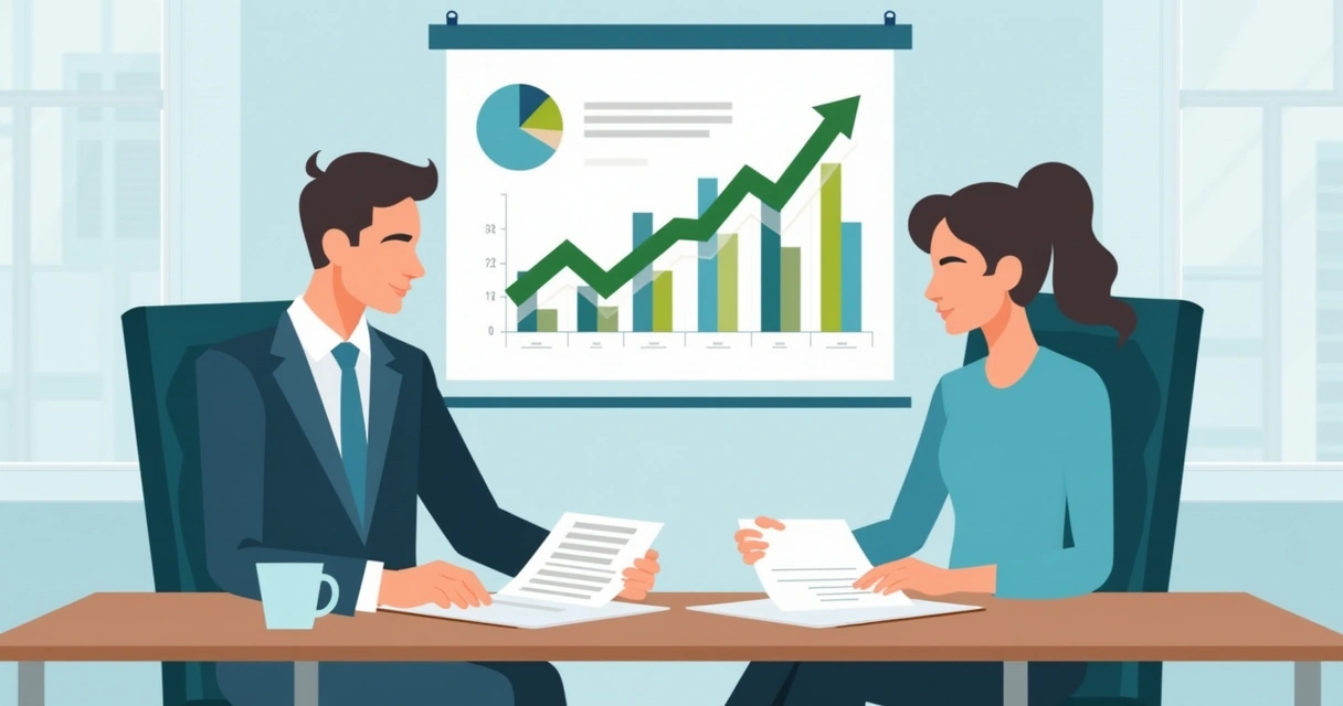 Profissional analisando documentos ao lado de cliente em mesa de escritório, gráficos de finanças ao fundo 
