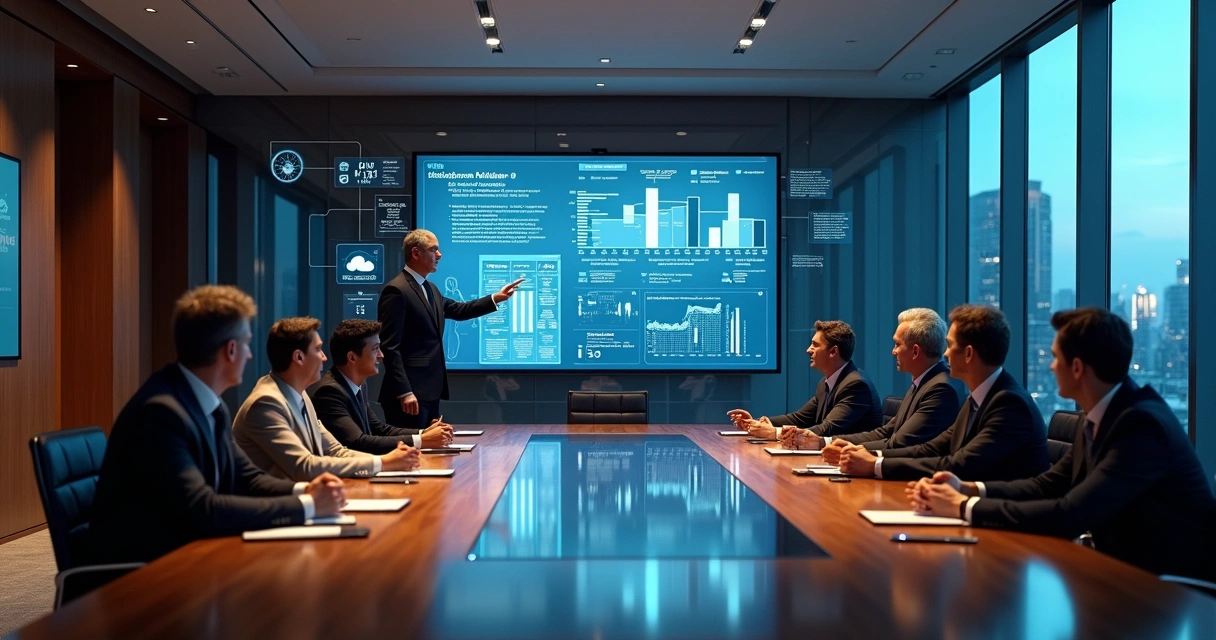 Reunião de executivos avaliando painéis de IA em sala de conselho moderna 