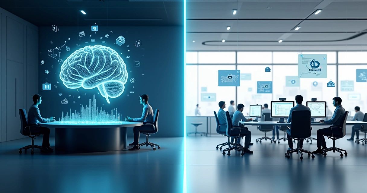 Cena 3D dividida mostrando de um lado criação de IA e do outro lado aplicação genérica de IA 