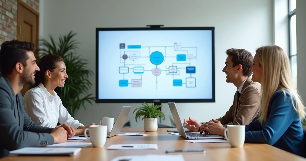 Consultor em reunião com donos de uma empresa explicando IA 