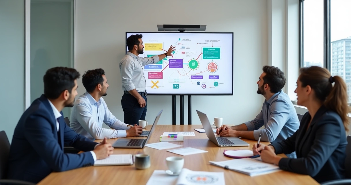 Consultor de IA apresentando estratégia para empresários em reunião 