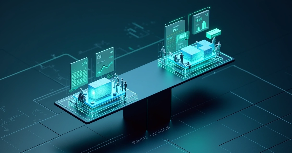 Cena 3D de balança comparando consultoria de IA financeira com opções tradicionais 