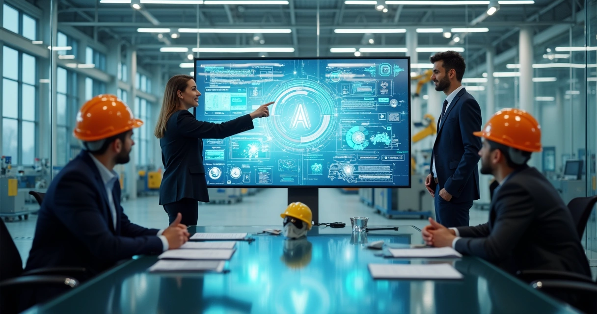 Equipe de consultoria industrial analisando dados com painel de inteligência artificial ao fundo 