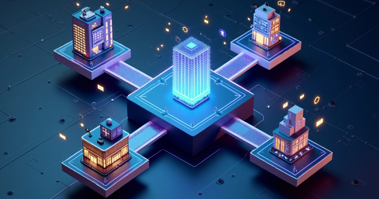 Pontes digitais de inteligência artificial conectando quatro setores produtivos em 3D 