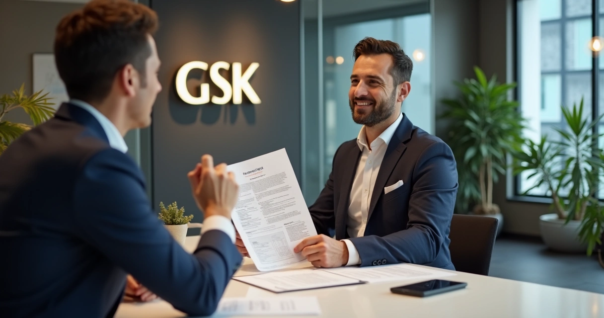 Consultor do Grupo GSK mostrando documentos organizados a cliente em escritório moderno e iluminado.