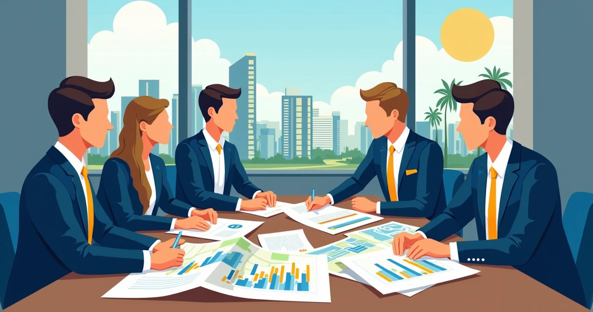 Consultative meeting about luxury properties in Florida with maps and appreciation graphs. 