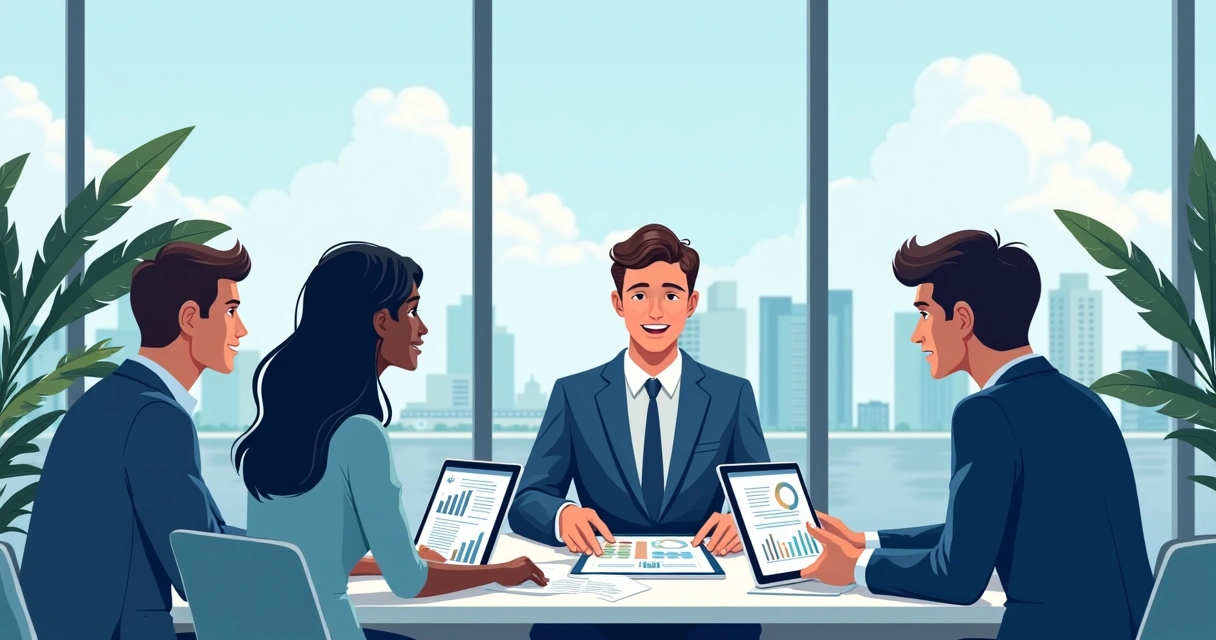 Consultor imobiliário trilingue apresentando gráficos e contratos para clientes em uma mesa moderna, com destaque para documentos legais e tablets digitais 