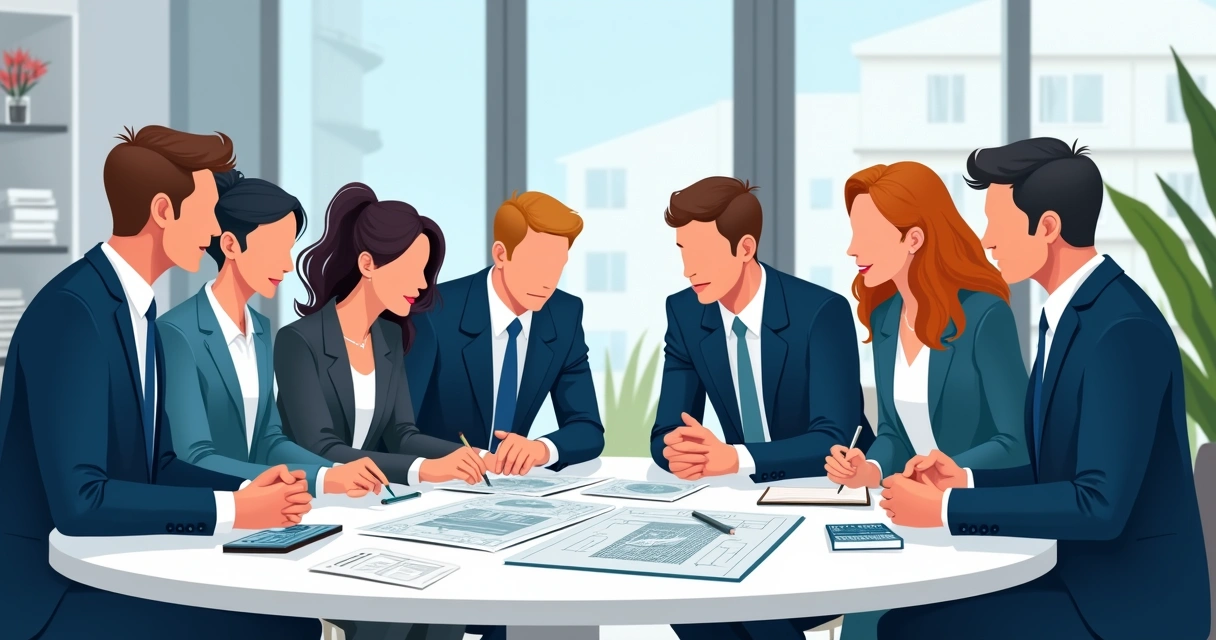 Multidisciplinary real estate consulting team gathered at a table with documents and property plans 