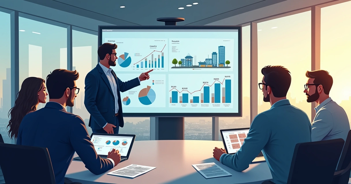 Real estate consulting meeting in a modern office with property graphs on the screen 