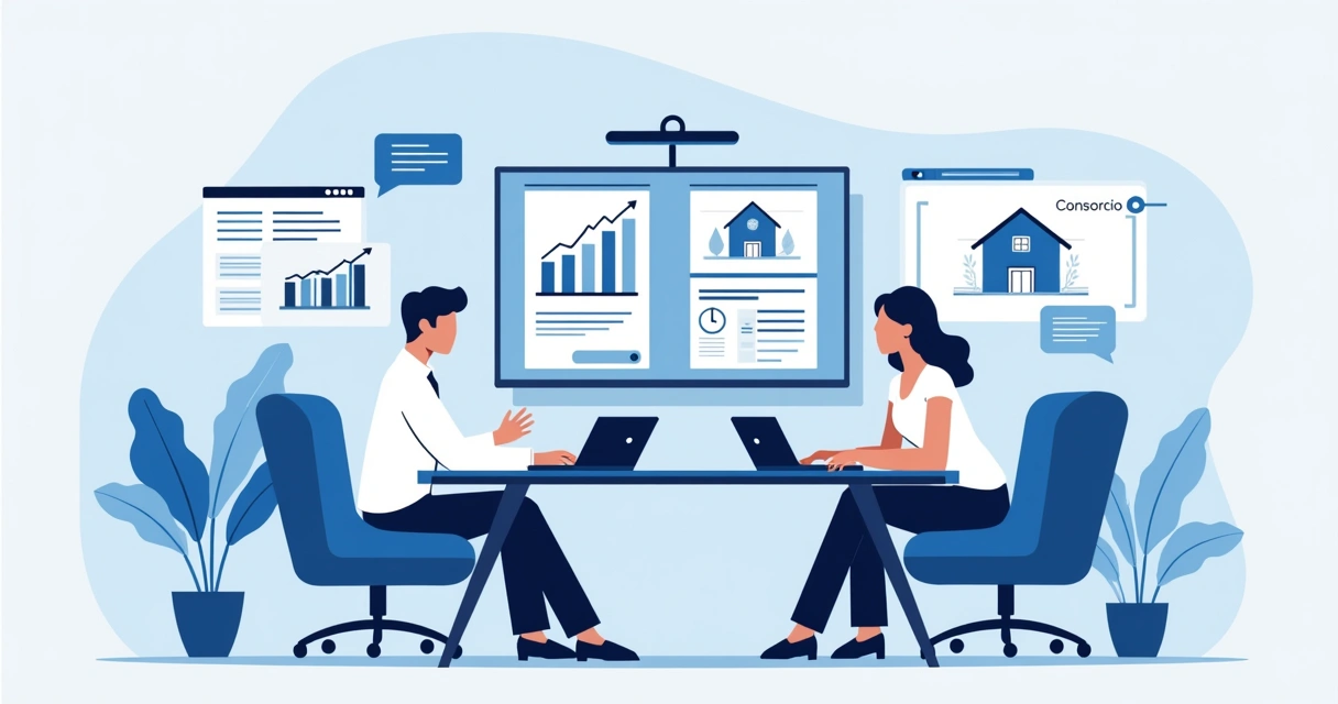 Consultor analisando o perfil financeiro do cliente para consórcio ou financiamento 