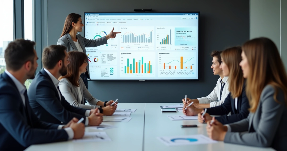 Equipe imobiliária analisando gráficos reais em reunião 