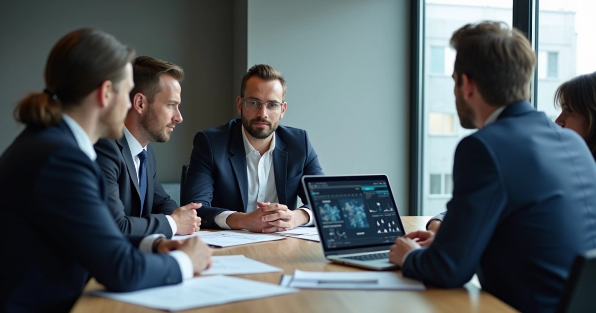 Especialista em consultoria de IA conversando com gestores corporativos 