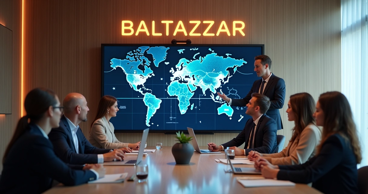 Equipe de consultores BALTAZZAR em uma sala de reuniões sofisticada, trocando ideias sobre um quadro digital colaborativo do Notion. 
