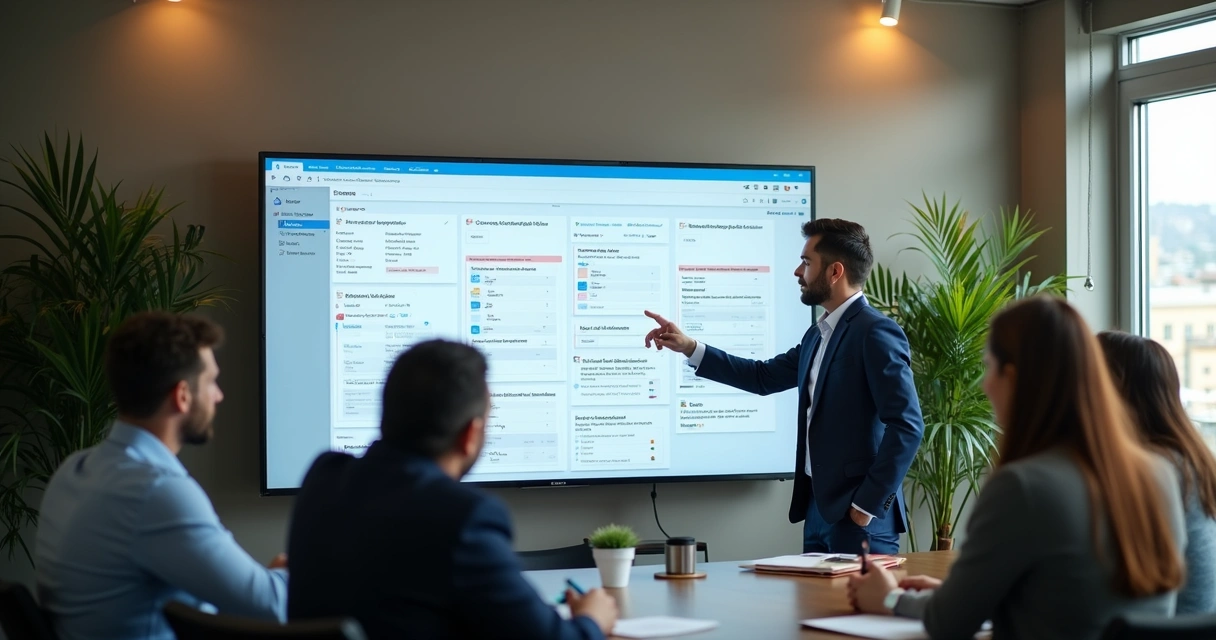 Consultor apresenta painel do Notion em tela para empresa brasileira 