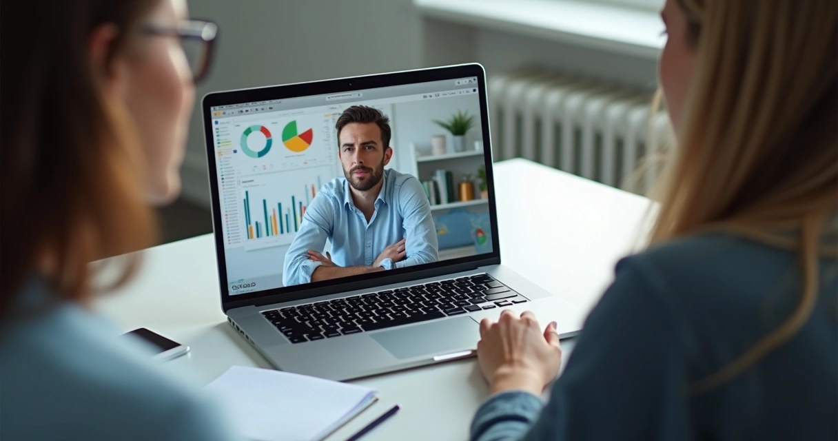 Mentor em videochamada individual, tela de notebook com gráficos, anotações ao lado 