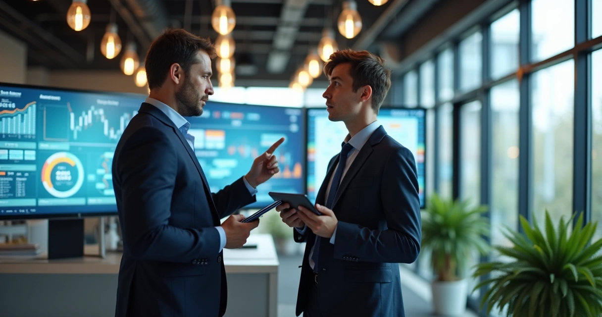 Consultor e especialista em IA discutindo resultados industriais