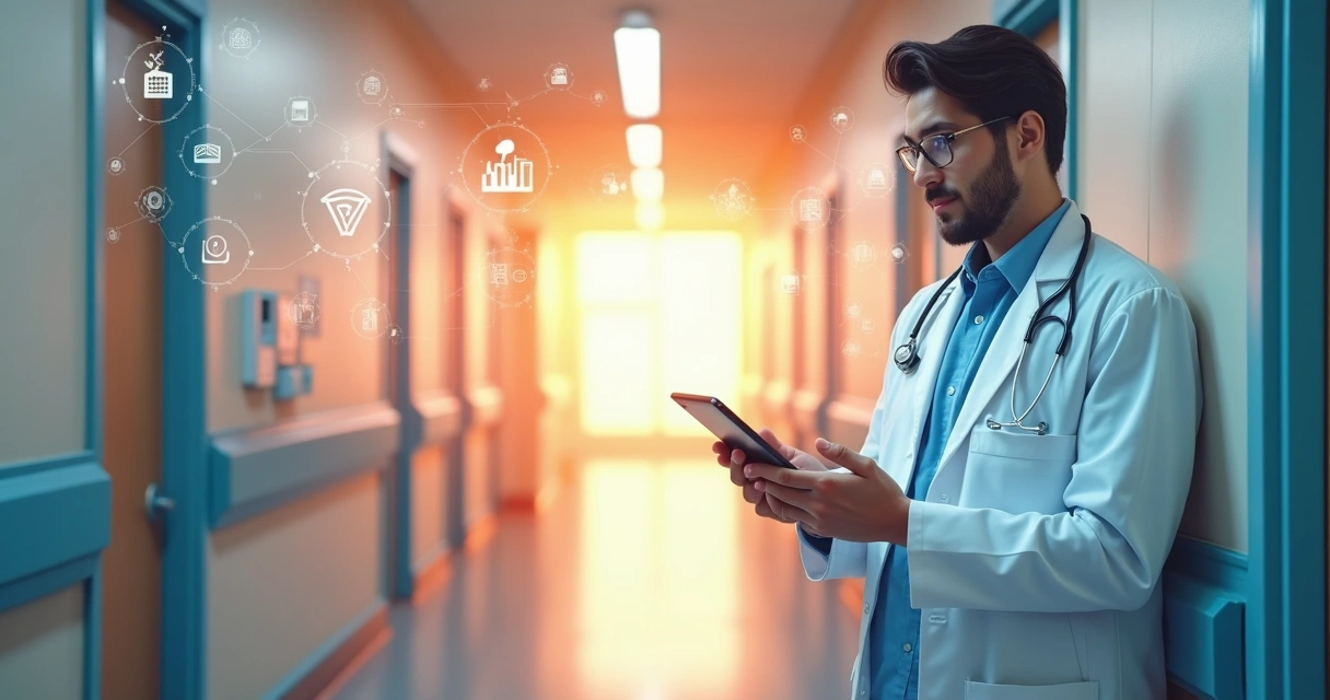 Como um consultor de doenças infecciosas organiza seu cotidiano 4 Consultor de infectologia usando tablet e IA em hospital