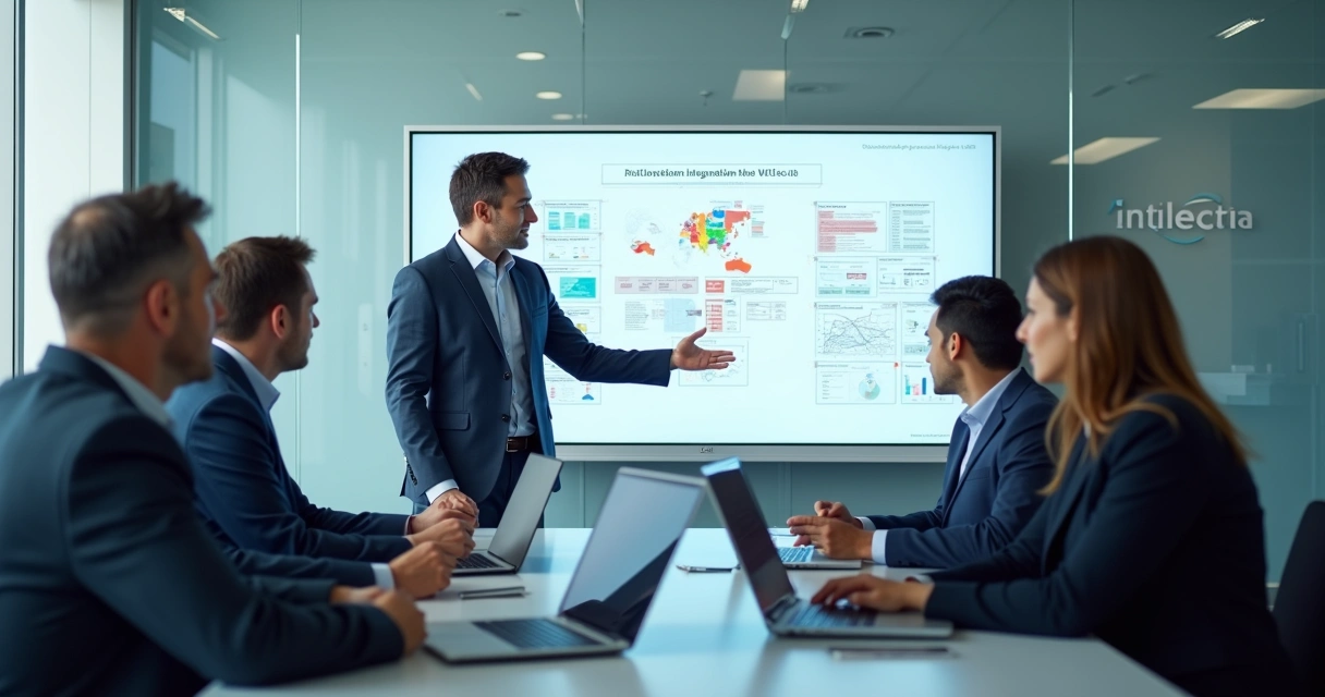 Consultor explicando integração de IA para equipe gestora 