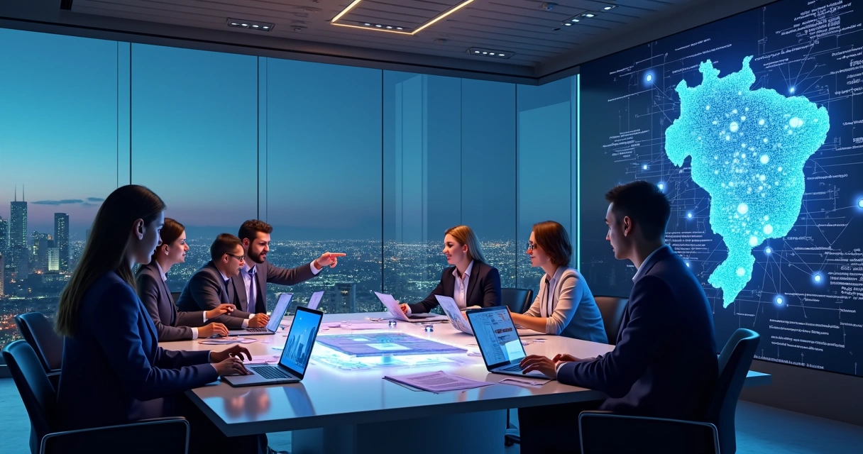 Equipe de consultoria em inteligência artificial em frente a painel digital futurista 