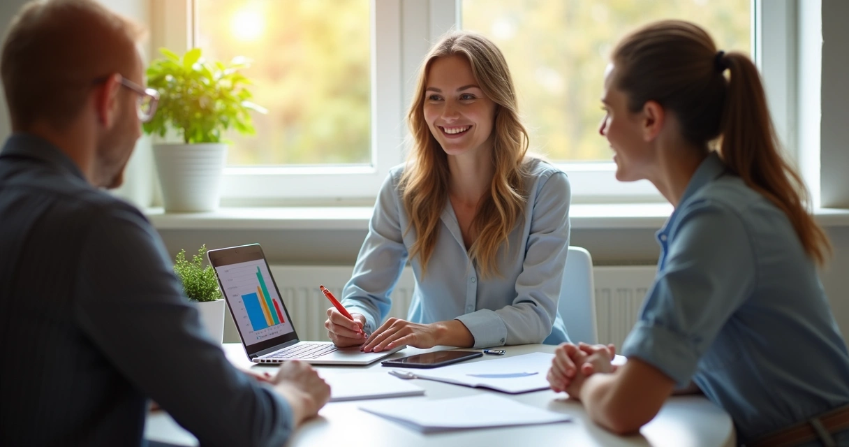 Consultora financeira em mesa de trabalho mostrando gráficos para casal 