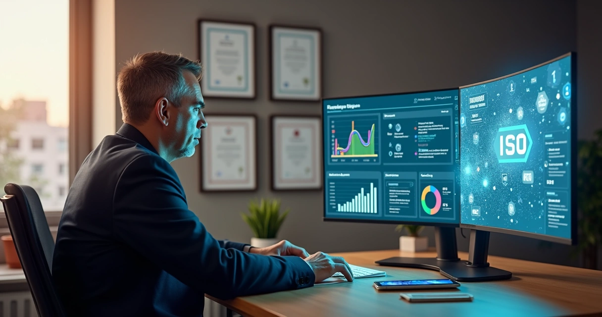 Gestor de pequena empresa usando painel digital de certificação ISO assistido por inteligência artificial 