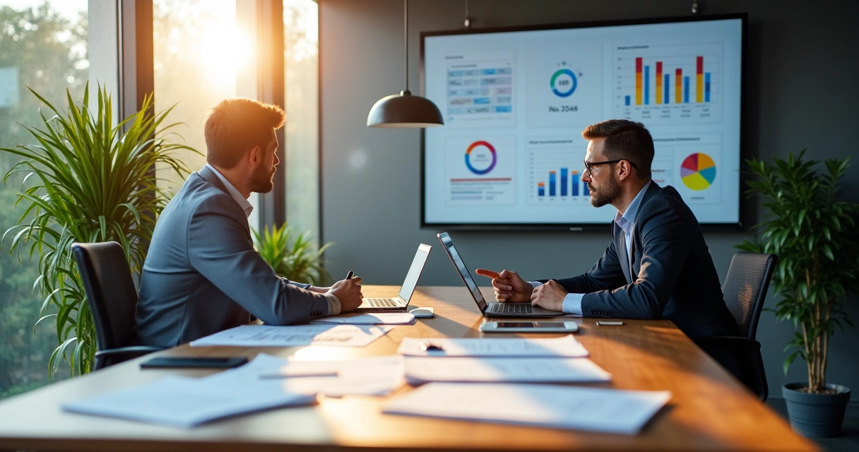 Consultor analisa dados com IA em ambiente de consultoria digital