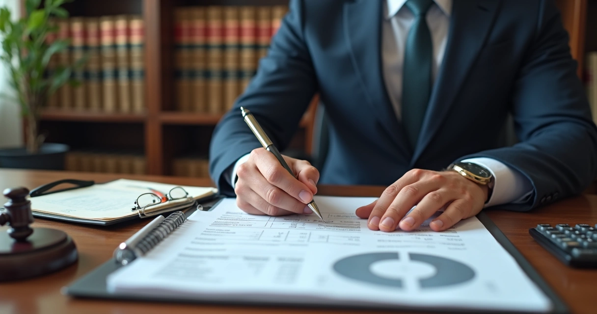 Profissional da área jurídica analisando documentos e cálculos em notebook 