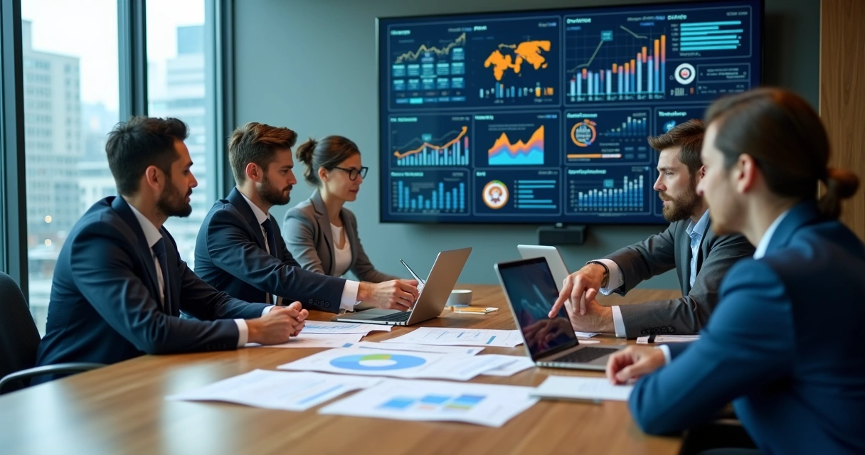 Equipe de marketing e vendas analisando painel de dados em reunião B2B 