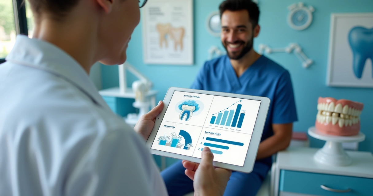 Consultor de marketing mostrando proposta digital para clínica odontológica 