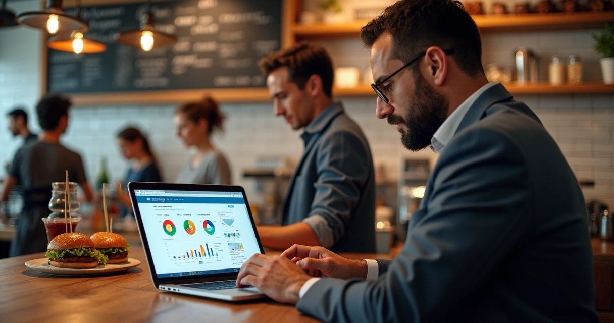 Consultor de marketing digital mostrando relatórios para dono de lanchonete em balcão 