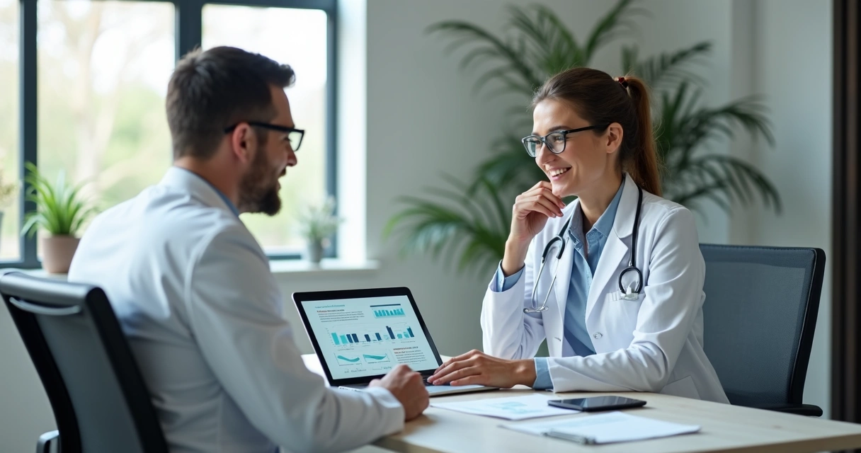 Consultor de marketing digital orientando médico sobre estratégias online 