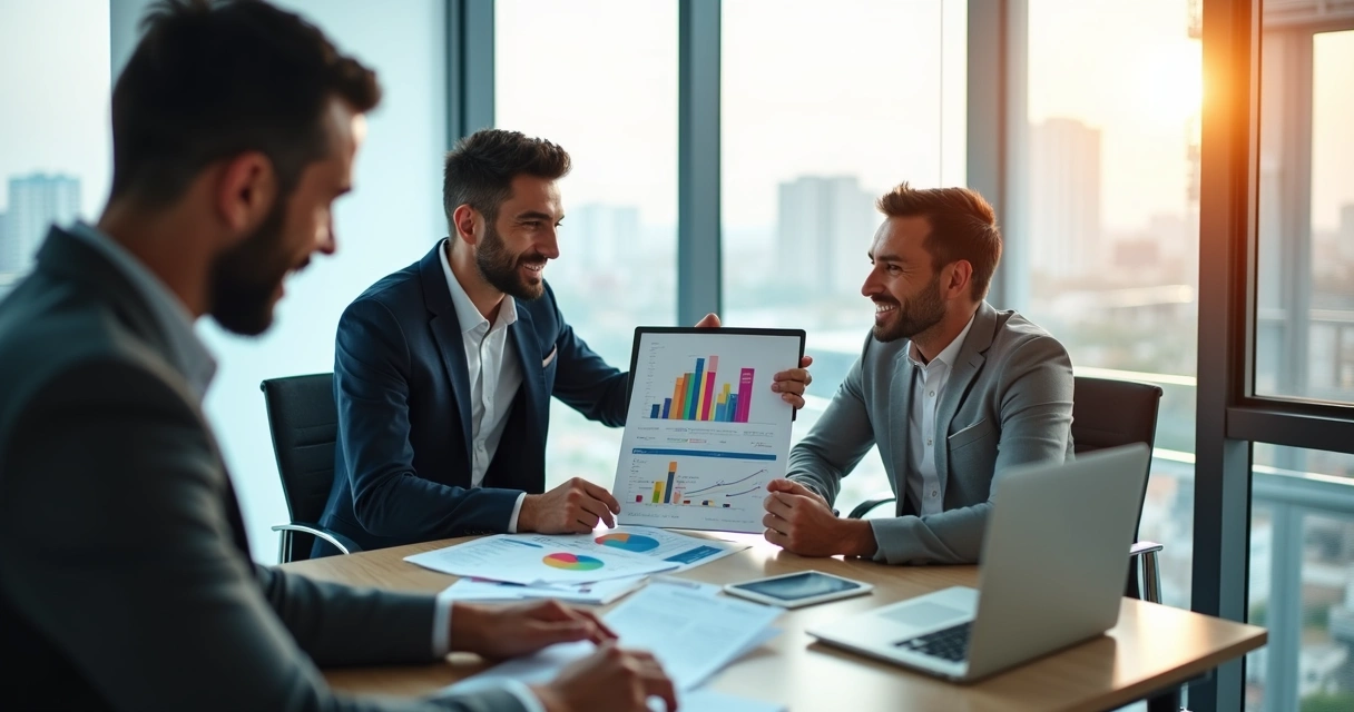 Consultor apresenta gráfico a cliente em sala iluminada 
