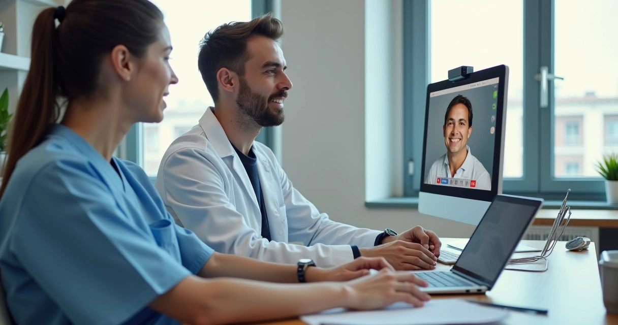 Reunião de videochamada entre dentista e consultor de marketing 