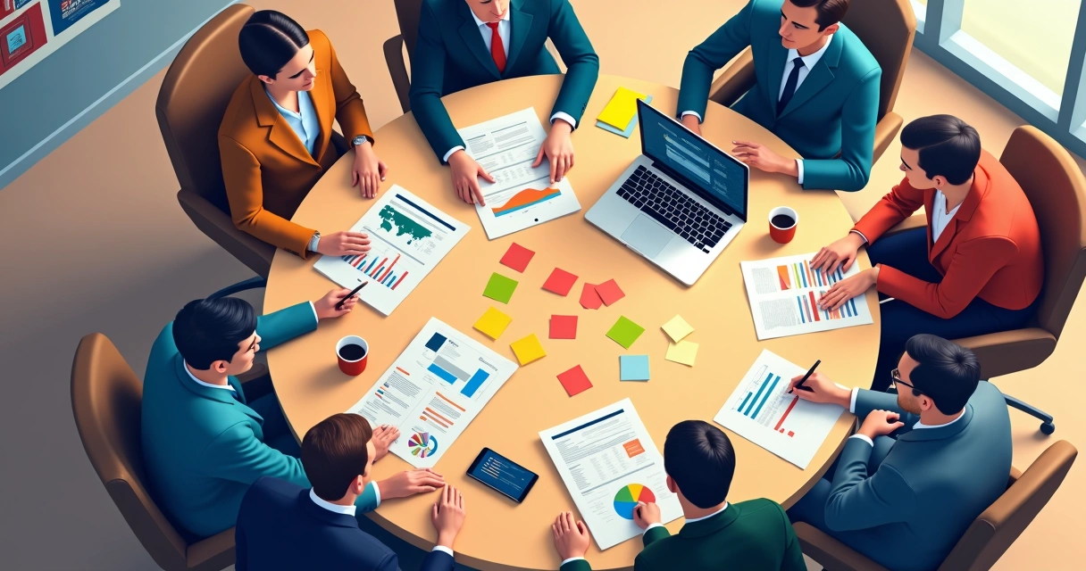 Equipe em reunião discutindo estratégia de marketing político, com papéis, gráficos e notebook na mesa 