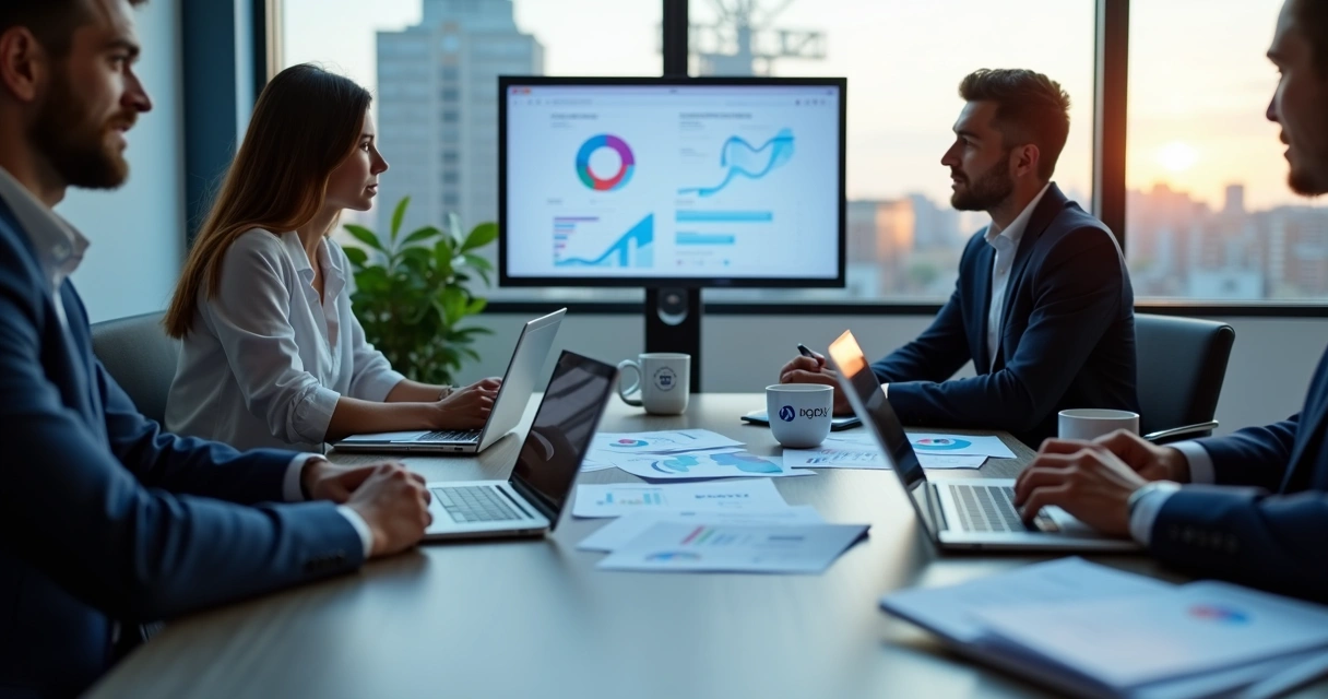 Equipe reunida analisando resultados de marketing em reunião 
