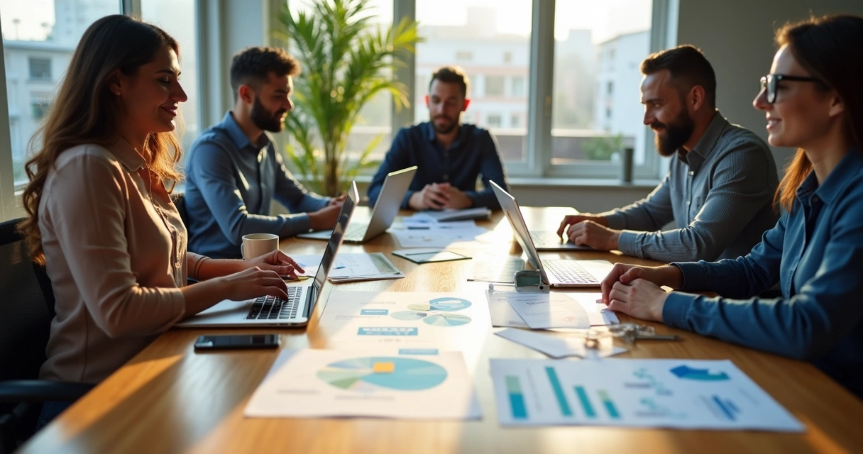 Mesa de escritório com equipe de marketing trabalhando em laptops e discutindo projetos digitais 