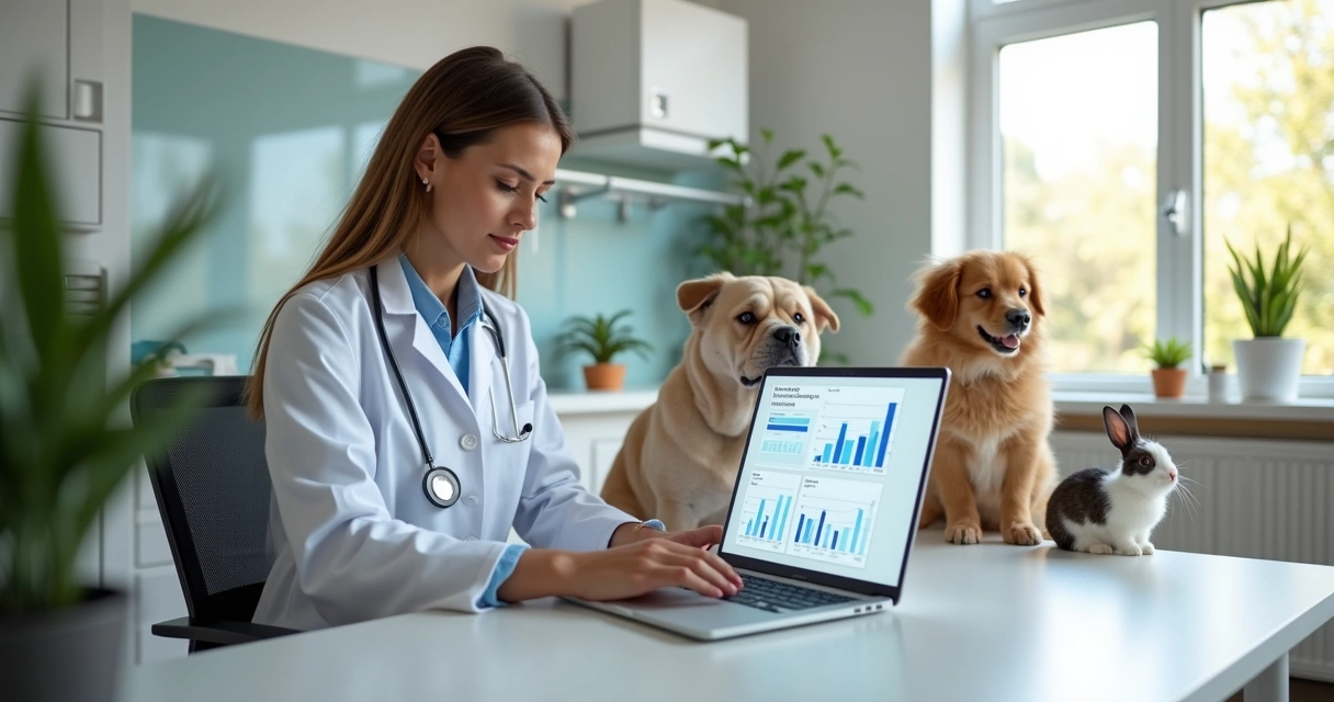 Veterinário usando laptop moderno com gráficos de marketing digital em tela, ao lado de animais de estimação em clínica veterinária iluminada 