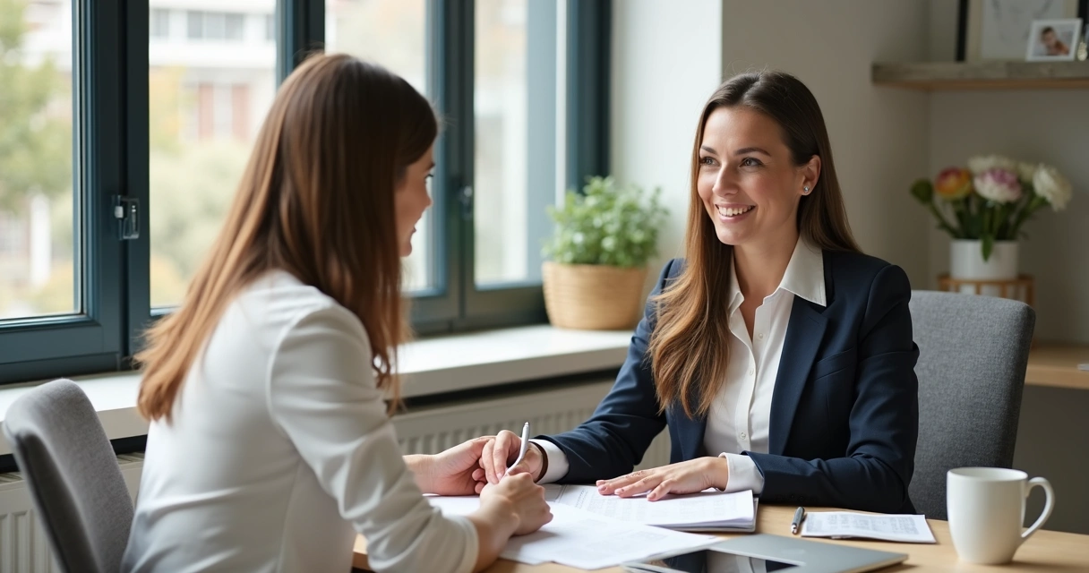 Especialista orientando mãe a preencher documentos 