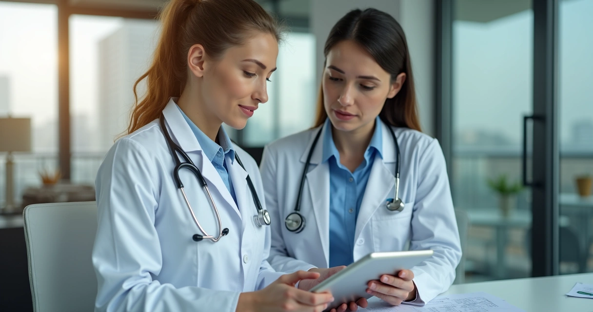 Médica consultando documentos fiscais ao lado de advogado