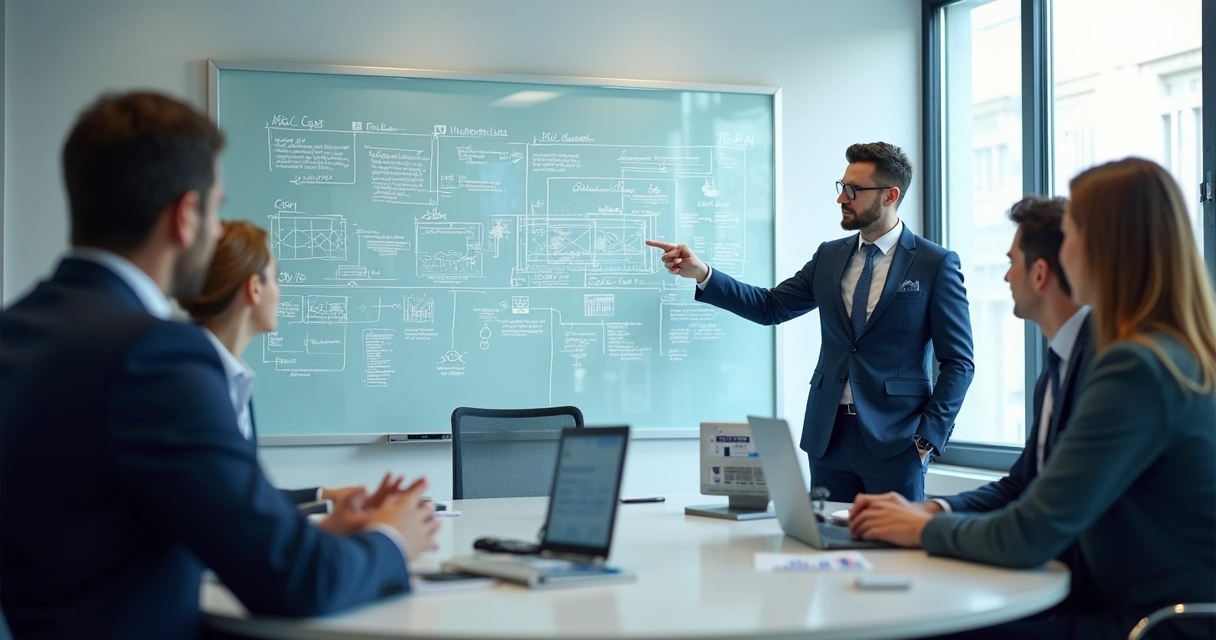 Consultor de TI auxiliando equipe em reunião sobre sistemas ERP 