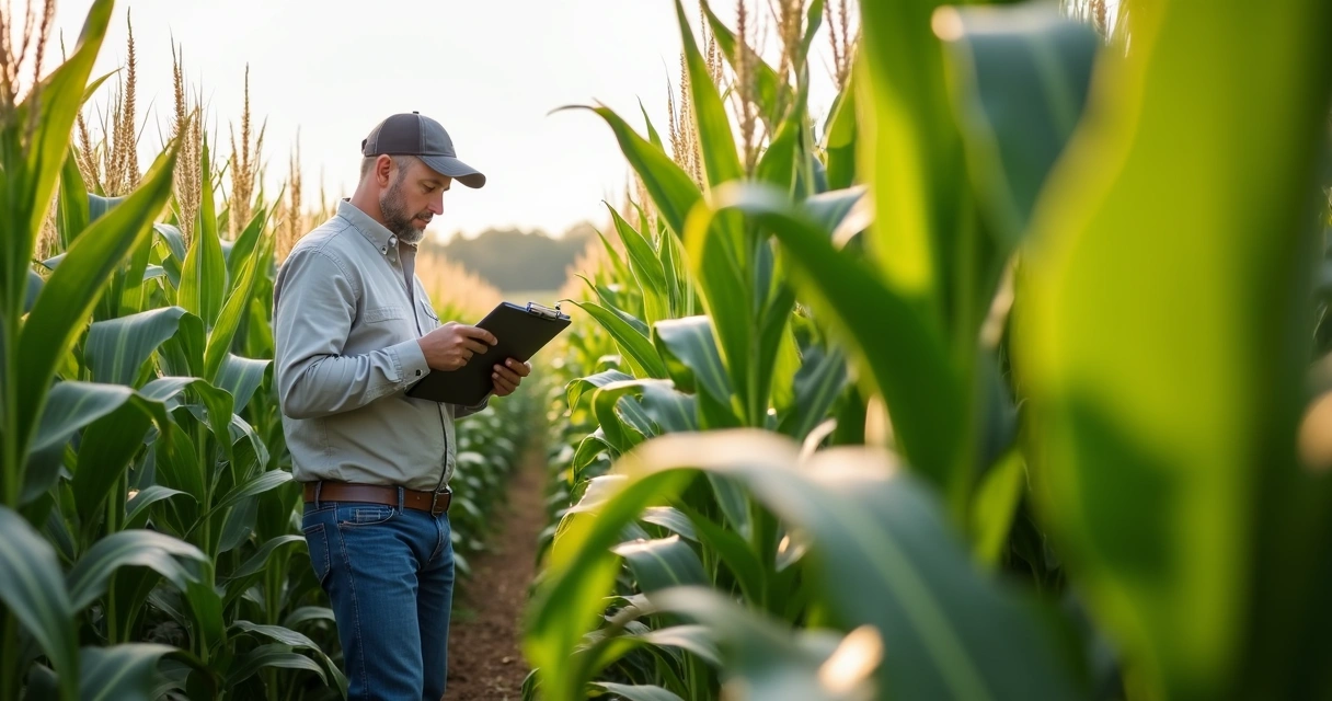 Engenheiro agrônomo inspecionando plantação de milho. 