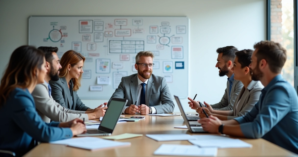Grupo de pessoas discutindo planejamento educacional com papéis e computadores sobre a mesa 