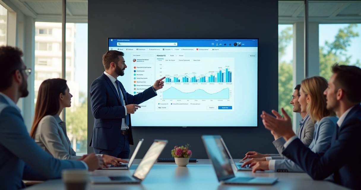 Consultor de marketing digital orientando equipe sobre Facebook Ads na empresa 