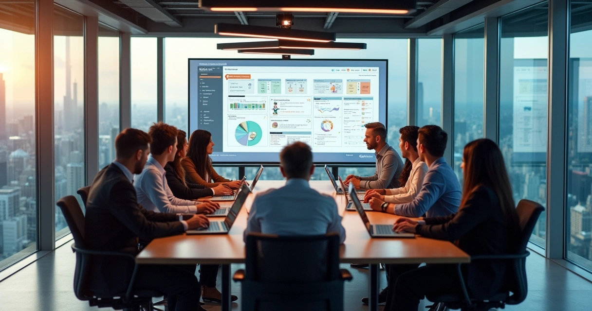 Time de consultoria Notion reunido em sala moderna com computadores e quadros de planejamento 