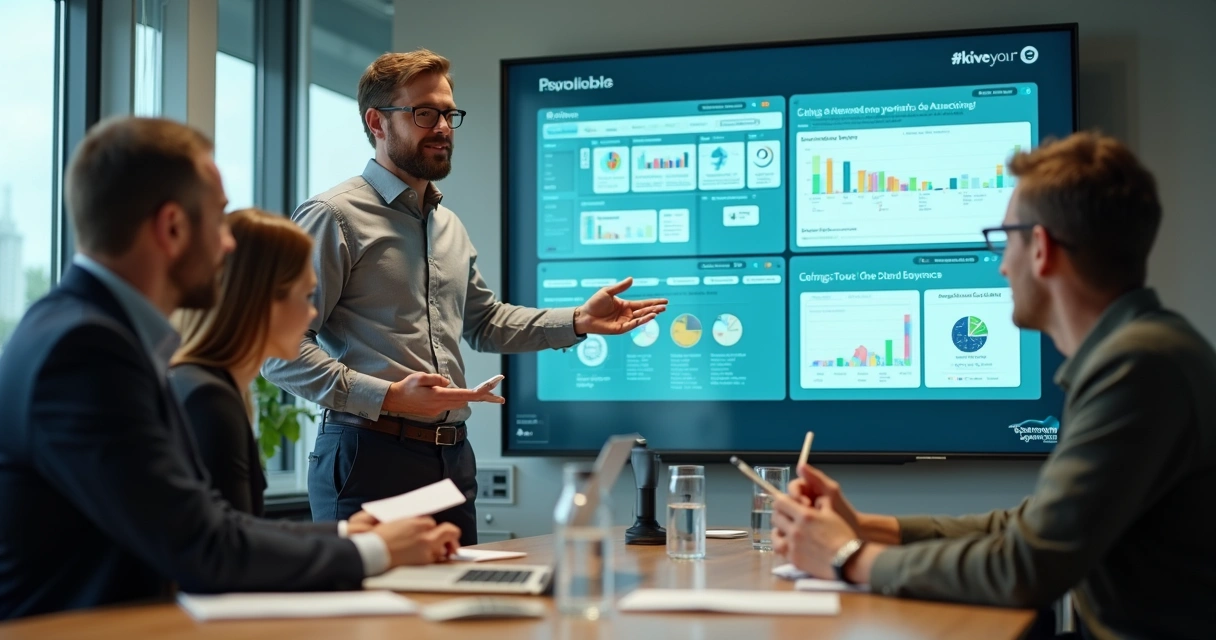 Consultor apresenta sistema Notion personalizado a equipe de empresa moderna 