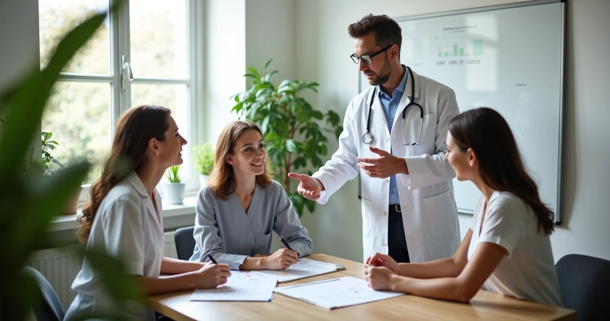 Profissional analisando consultório de nutrição com equipe