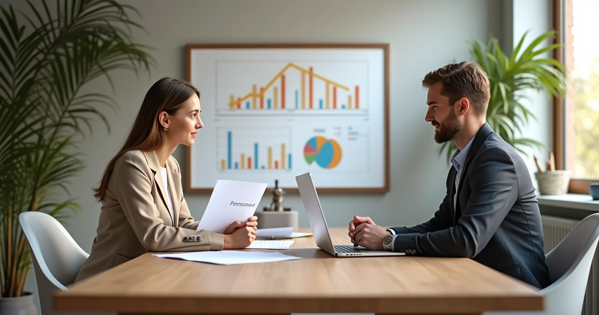 Nutricionista analisa gráficos de investimento com consultor. 