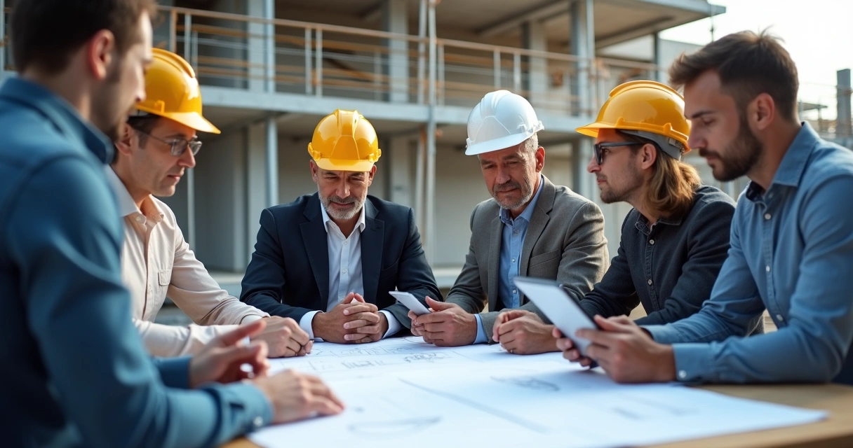Equipe de consultoria reunida em canteiro de obra 